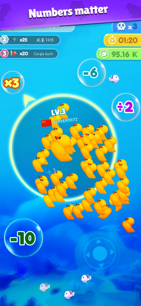 Fish Go.io 2 - Ein großer Schwarm gelber Fische, der in Fish Go.io 2 durch numerische Hindernisse navigiert.