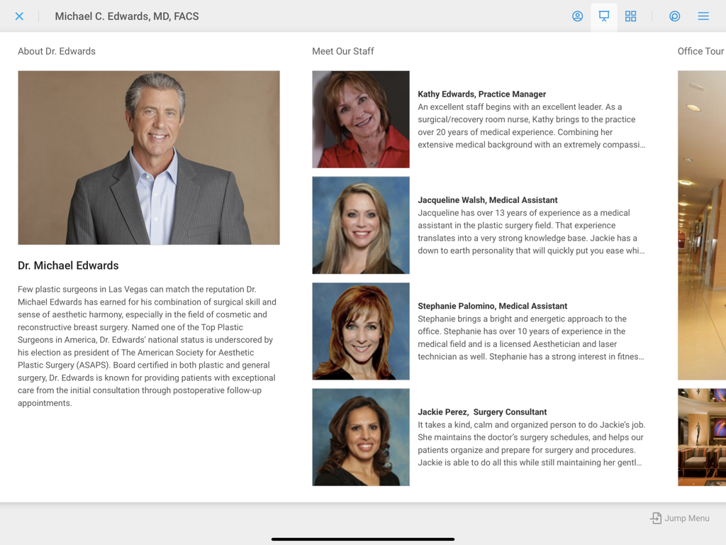 TouchMD Consult - for Staff - Medical practice profile page displaying doctor bio and staff team members