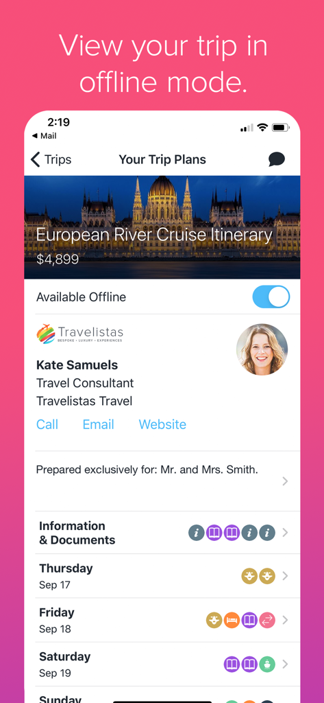 Écran de smartphone montrant un itinéraire de croisière fluviale européenne dans l'application Trip Plans avec le mode hors ligne activé.