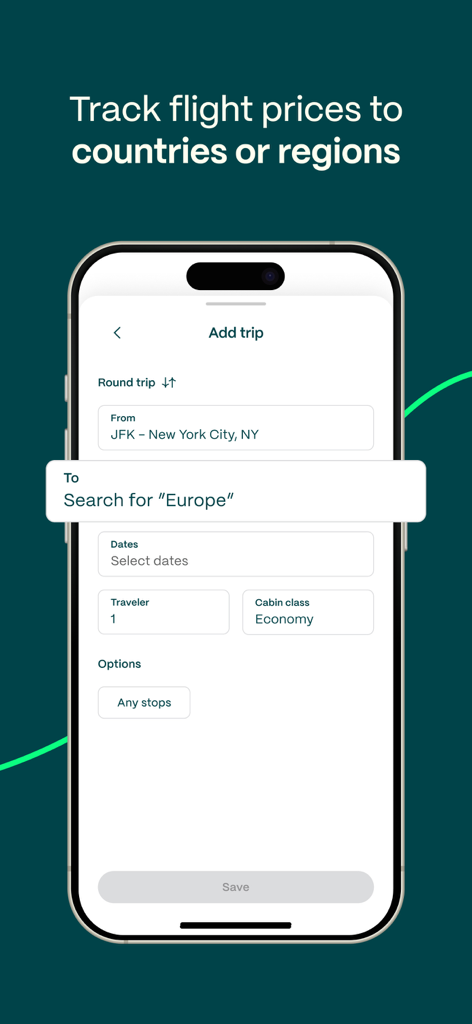 Going app interface showing the add trip screen to track flight prices to Europe
