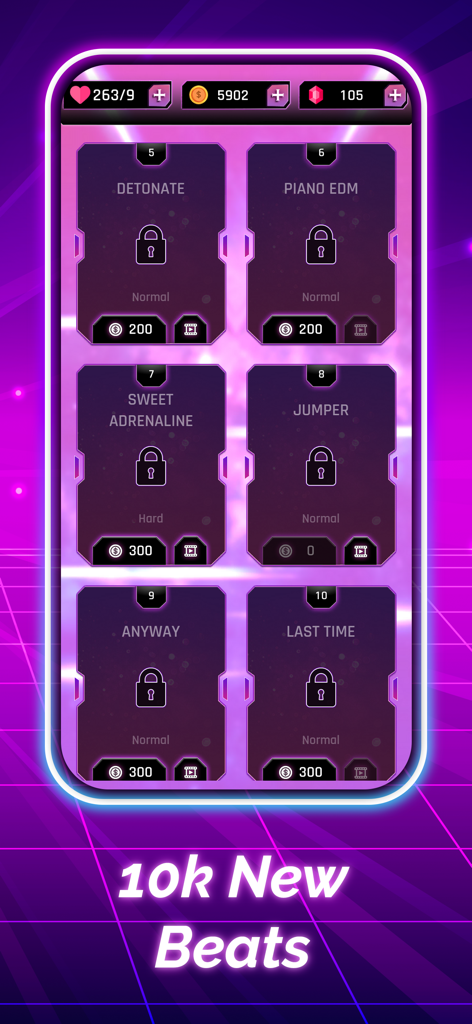 Dancing Ball - Music Hop Ball - Song selection menu in the Dancing Ball Music Hop app showing various locked music tracks with a neon purple interface.
