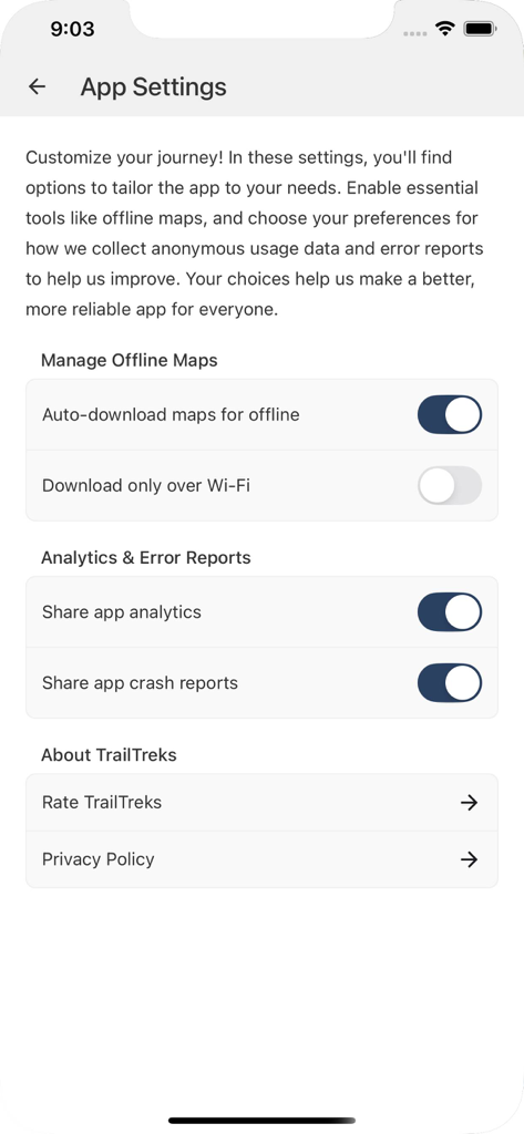 Pantalla de configuración de la aplicación TrailTreks que muestra opciones para descargar mapas offline automáticamente y preferencias de análisis de la aplicación