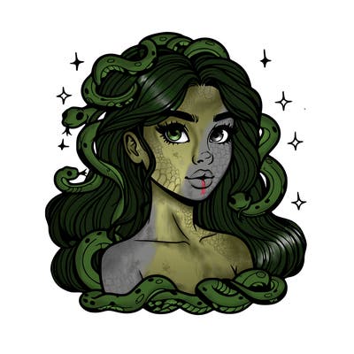 realistic girl with snakes as hair