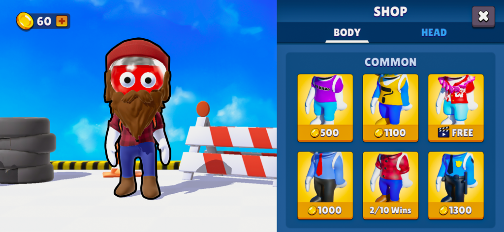 Dye Hard - Color War - Character customization shop in Dye Hard Color War showing different outfit options.