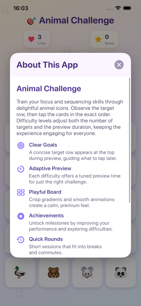 Tugomchi - Tugomchiの「このアプリについて」画面。ゲームの機能と教育的利点が表示されています。