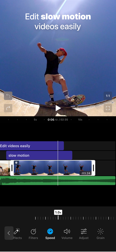 Interface of Filmr app for editing slow motion videos with a skateboarder clip