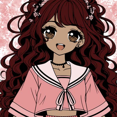 anime popular girl with long curly hair big eyelashes pretty eyes smiling with some blush wearing an anklet and wearing a school uniform cut top into a crop and short skirt and heels