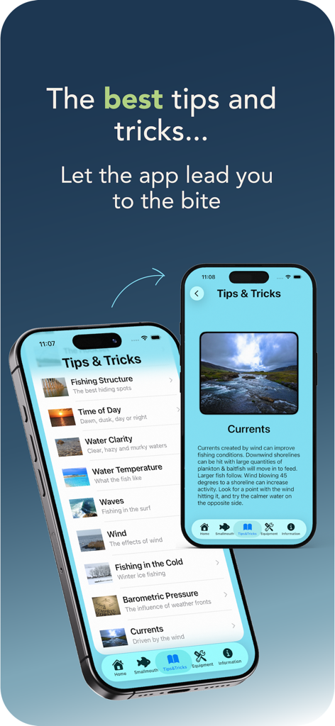 Bassmaster App - Screenshots of the Bassmaster App showing fishing tips and tricks categorized by environmental conditions like water clarity and barometric pressure.