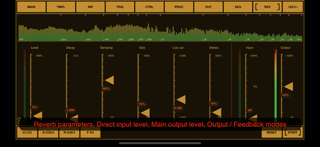 BeatCutter - Interfaz de la aplicación BeatCutter que muestra parámetros de reverberación, deslizadores de decaimiento y amortiguación, y un visualizador de espectro de audio en tiempo real.