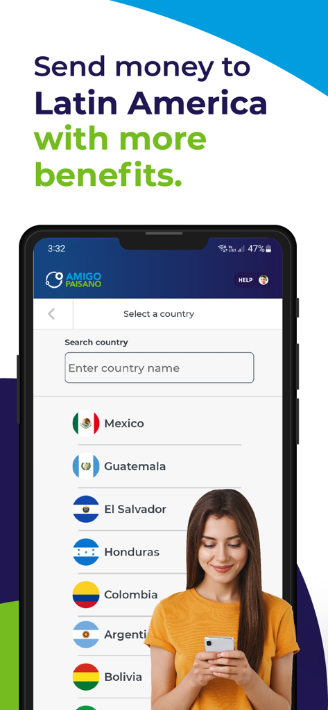 Amigo Paisano app screen showing a list of Latin American countries for international money transfers.