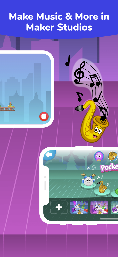 Tynker Junior: Coding for Kids - Una interfaz amigable para niños para crear música en la aplicación Tynker Junior con instrumentos caricaturescos