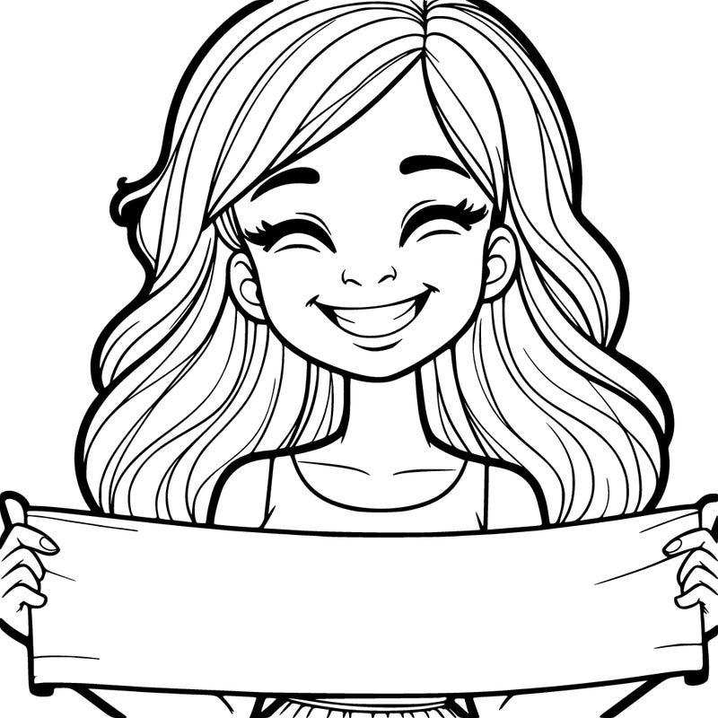 a realistic girl with a big smile under a blank banner