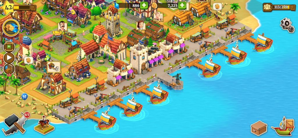 Ein Seehafen in Town Village mit mehreren Schiffen, die an Holzstegen neben Gebäuden im Zeichentrickstil angedockt sind.