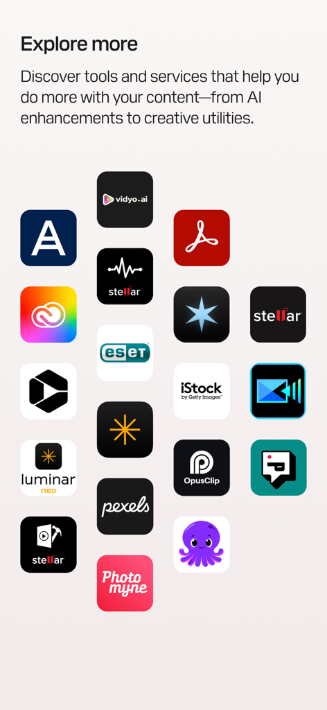 Una pantalla de la aplicación SanDisk Memory Zone que muestra una cuadrícula de iconos de aplicaciones de terceros para herramientas creativas y mejoras de IA bajo el encabezado Explora más.