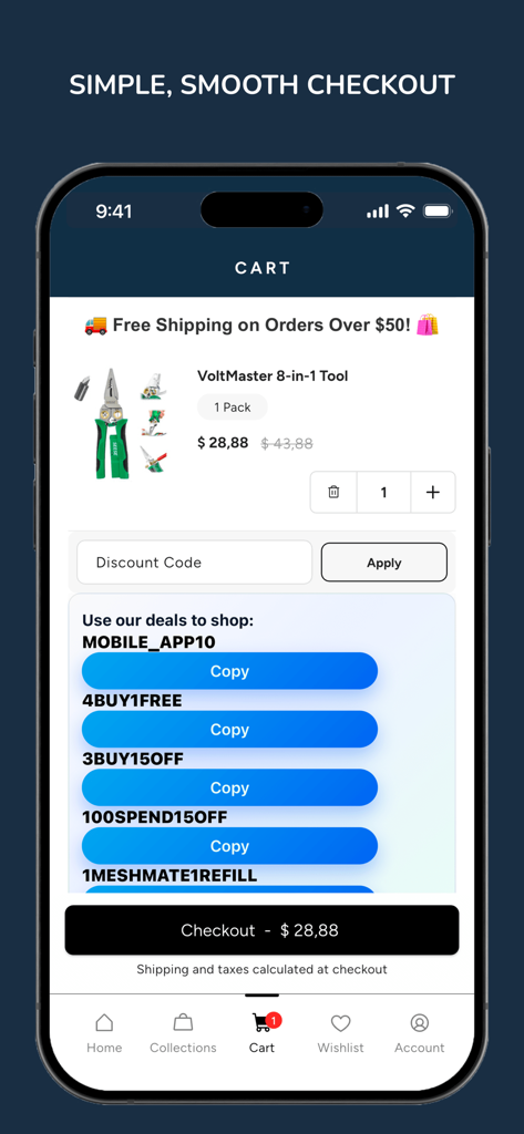 V.I.P Digital Presence - The cart interface of the V.I.P Digital Presence app showing a curated tool with promotional discount codes and a secure checkout option.
