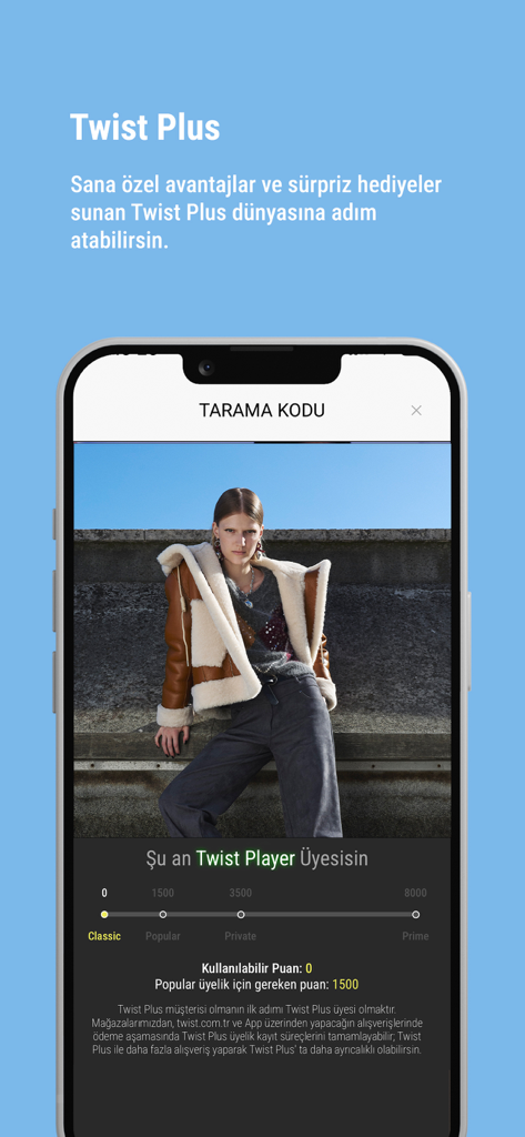 Twist app loyalty program screen showing membership tiers and rewards points