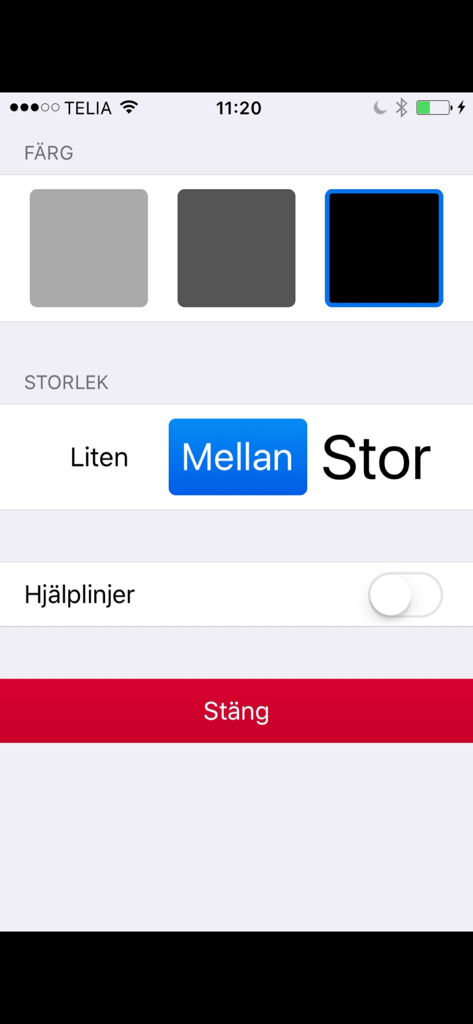 Skolstil 3 - skrivprogram - Interfaz de ajustes en la aplicación Skolstil 3 que muestra opciones para el color del texto, el tamaño de la fuente y las líneas guía.