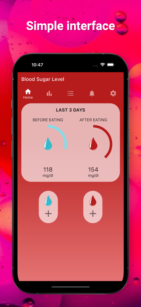 Blood Sugar Level - 食事の前後の値を示すシンプルな血糖値測定インターフェースが表示されたBlood Sugar Levelアプリのホーム画面。