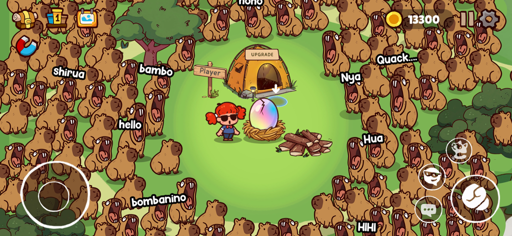 Animal Voice Fun Game - 맞춤 음성 녹음이 포함된 말풍선이 있는 카피바라에 둘러싸인 캐릭터가 등장하는 동물 목소리 재미 게임의 게임 플레이