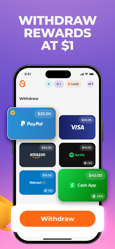 Scrambly: Rewards for Steps - Interfaz de la aplicación Scrambly que muestra varias opciones de retiro de recompensas como PayPal y Amazon con un retiro mínimo de un dólar