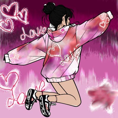 realistic girl jumping with a bun and oversized sweatshirt