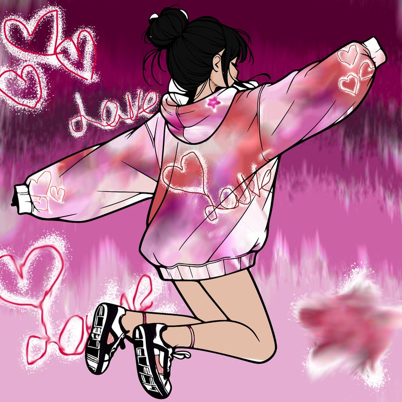 realistic girl jumping with a bun and oversized sweatshirt