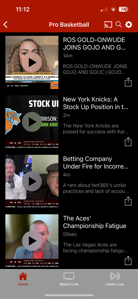 VSiN Watch - VSiN Watch app screen displaying a list of pro basketball analysis videos and betting news
