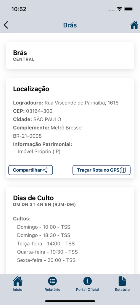 Interface do aplicativo CCB Relatório Digital mostrando o endereço da igreja e a agenda de cultos semanais