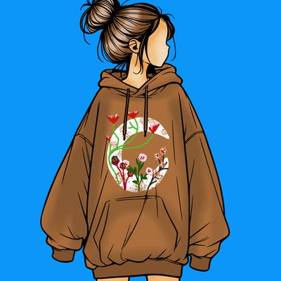 realistic girl with a oversized sweatshirt on and a bun