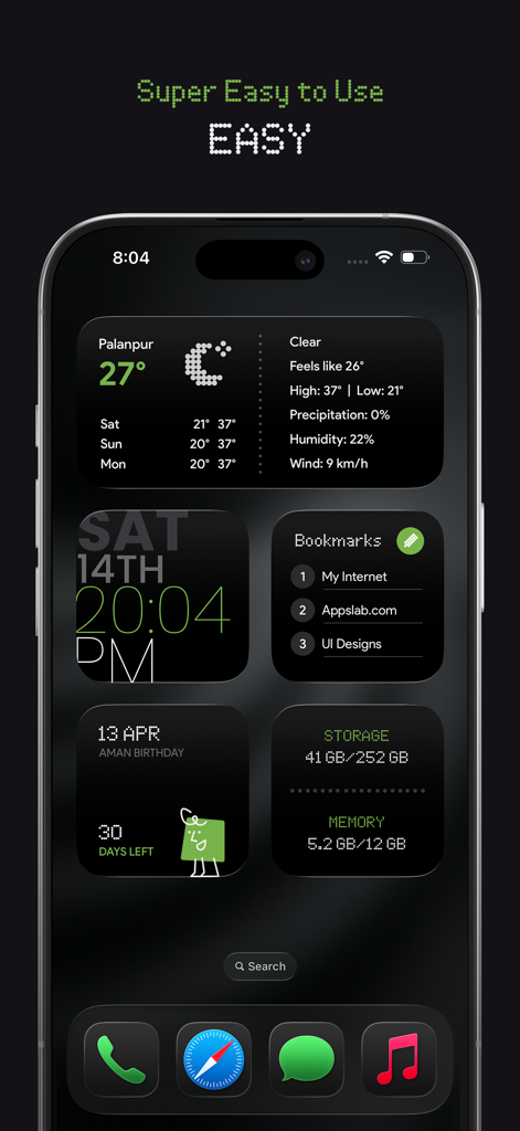 NewThing Widgets Pro - Aesthetic dark mode iPhone home screen with minimalist widgets for weather and clock