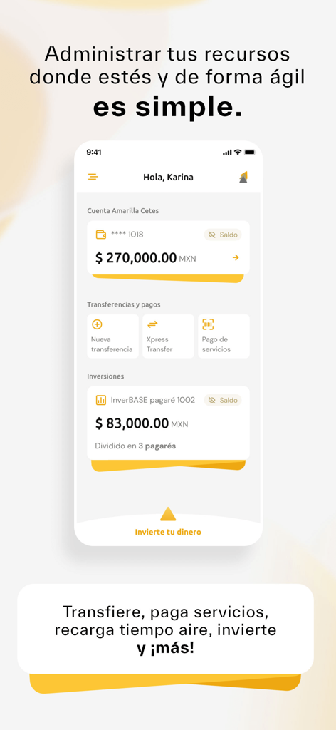 BASEinet - Interfaz de la aplicación bancaria móvil BASEinet que muestra saldos de cuentas y opciones de transacciones financieras
