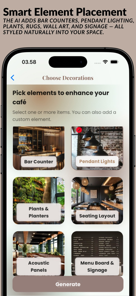 Interface of the AI Cafe app showing options to select decoration elements like bar counters pendant lights and plants for room design