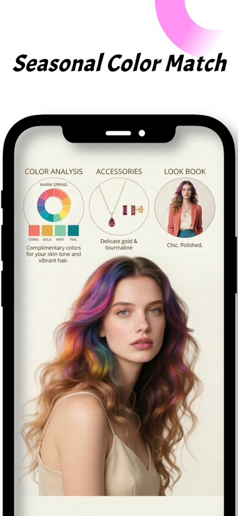 Hair Lab: Hair Style & Color - A mobile screen showing the seasonal color match feature of the Hair Lab app with a color wheel and a woman with multi-colored hair.