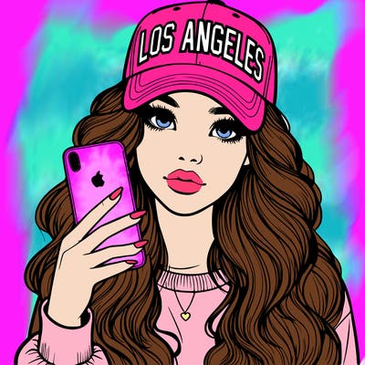 realistic beautiful girl wearing los ángeles cap holding an iphone