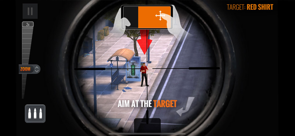 Sniper 3D scope view aiming at a target in a red shirt with on-screen touch control instructions.