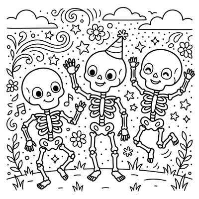 Bring these three joyous skeletons to life with your favorite colors! Perfect for young artists, this engaging coloring page offers a fun and friendly take on human skeletons, complete with a party atmosphere.