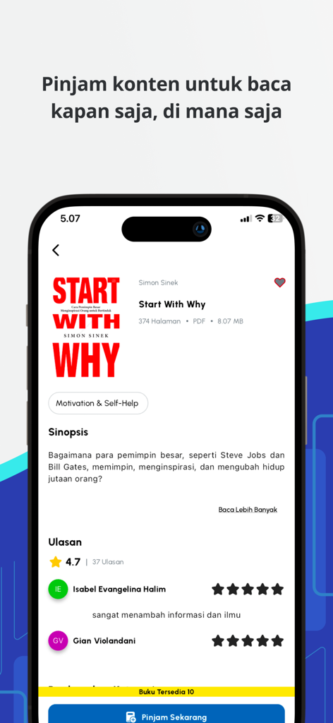 DiLA Digital Library - Interface of DiLA Digital Library showing details for the book Start With Why with a borrow button