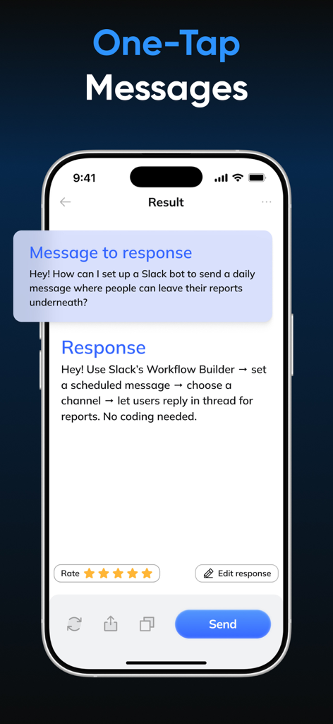 AI Email Writer: Lazy Mail - AI Email Writer app screen showing a professional one-tap message response about Slack workflow