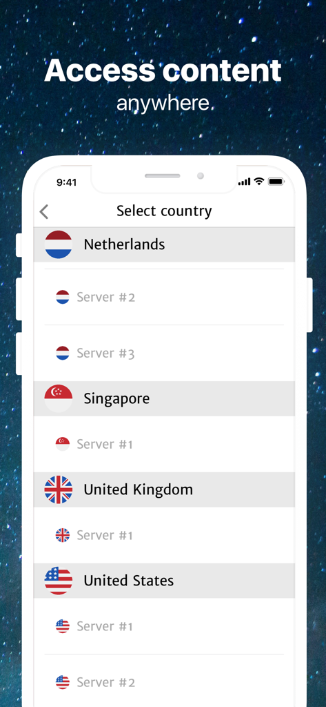 Pantalla de selección de servidores de Universe VPN enumerando países como Estados Unidos y Reino Unido para acceso a contenido seguro