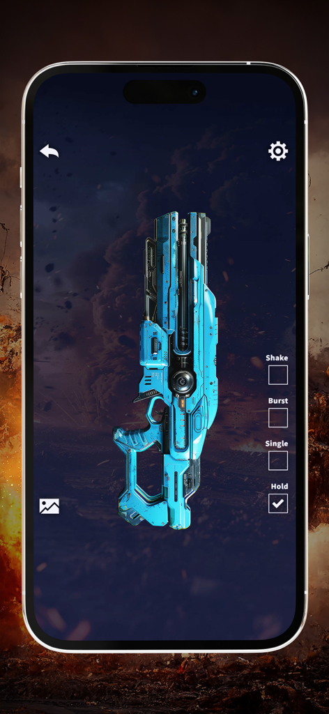 A futuristic blue gun skin displayed in the gun simulator app with selectable firing modes like burst and single