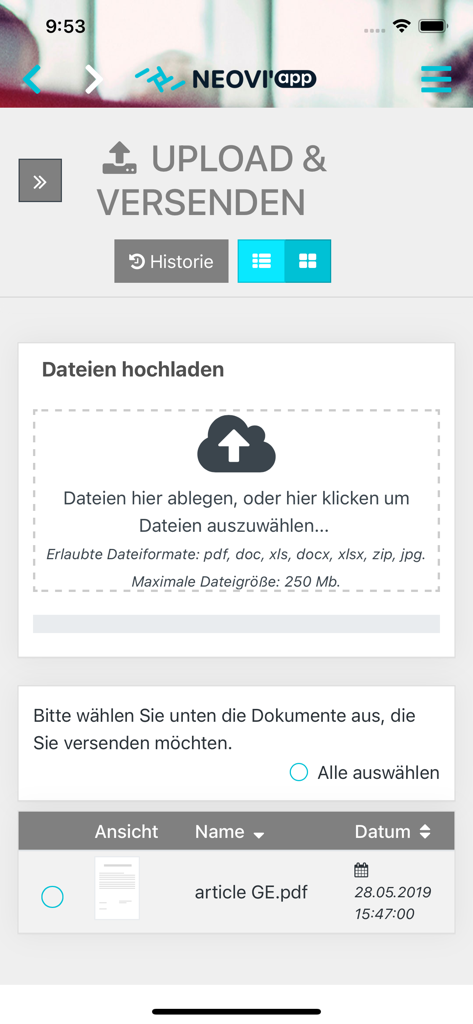 NEOVI'app - Interface de upload e envio de documentos do aplicativo NEOVI para arquivos empresariais