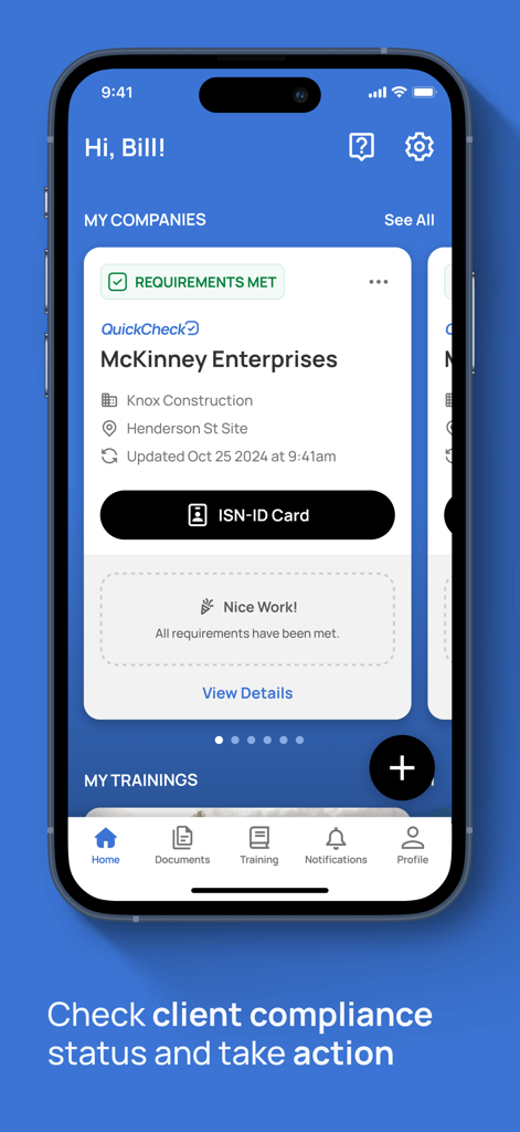 Empower by ISN mobile app dashboard showing client requirements met status and ISN ID card access