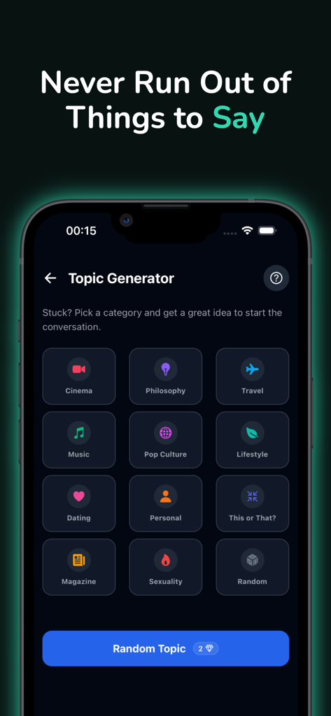 Rizz Dating AI-Flirt Coach - A screen from the Rizz Dating AI app showing a Topic Generator with categories like Cinema, Travel, and Dating to help users start conversations.
