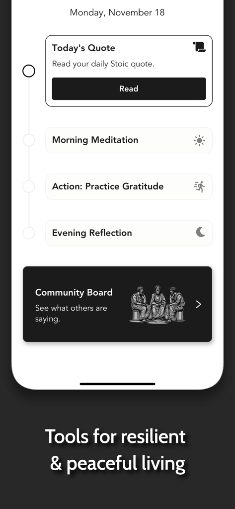 Daily Stoicism by Agora - Minimalist dashboard of the Daily Stoicism by Agora app showing a daily routine with sections for quotes, meditation, and community engagement.