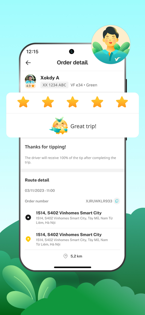 Green SM: Book EV rides - Pantalla de detalles del pedido de la aplicación Green SM con una calificación de cinco estrellas e información del viaje