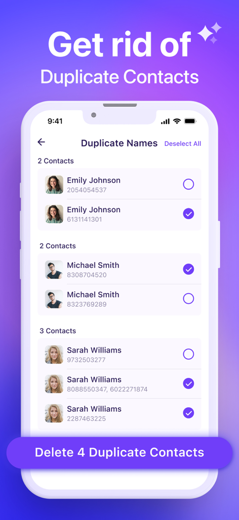 Interface do aplicativo Space Cleaner mostrando uma lista de contatos duplicados e um botão para excluí-los