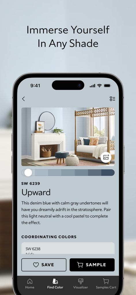 Sherwin-Williams Color Expert™ - Sherwin Williams Color Expert app interface showing a denim blue paint color named Upward visualized in a modern living room