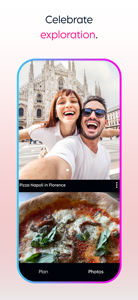 Plan WeGo - Travel Planner - Plan WeGo 앱의 스크린샷으로, 커플이 피렌체에서 셀카를 찍는 모습과 디지털 여행 일지의 일부로 피자 사진이 표시됩니다.
