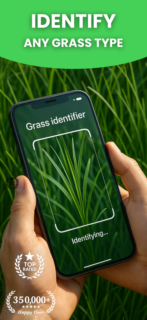 Grass Identifier: AI Scan - A person using the Grass Identifier AI Scan app to identify grass types with their smartphone camera