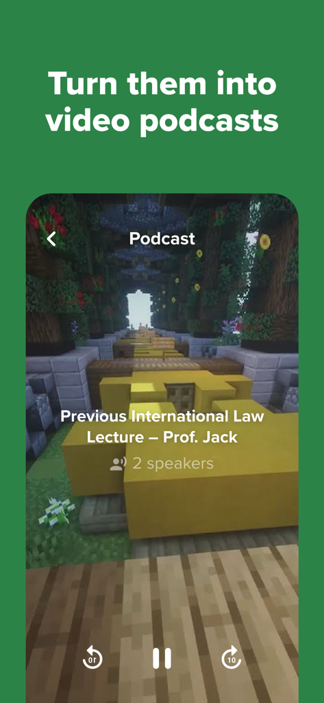 Interfaccia dell'app Nerdmask che mostra una lezione di studio convertita in un podcast video AI con uno sfondo gamificato.